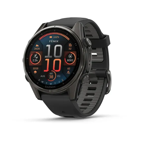 Fenix 8 - 43 мм, AMOLED, Sapphire (угольно-черный DLC, пепельно-серый ремешок)