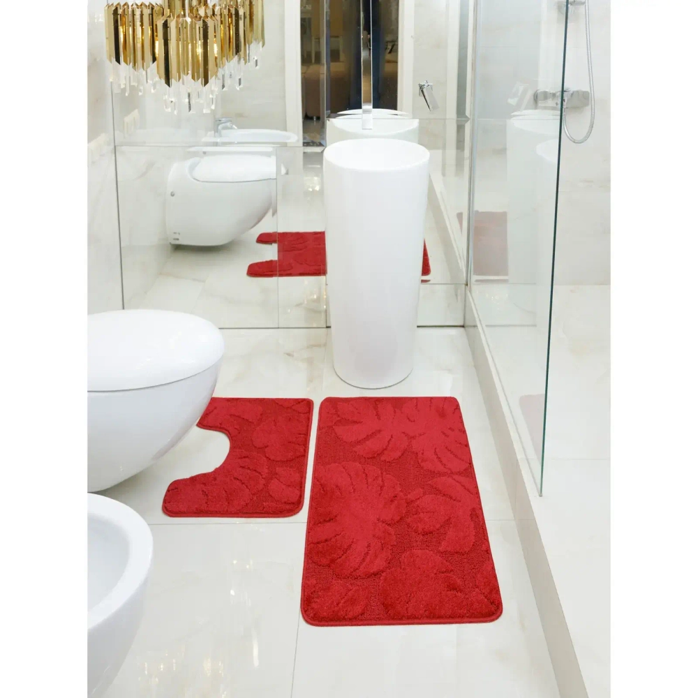 Комплект ковриков для ванной и туалета My Crystal серия Gold 50*60 и 60*100 бордовый, папоротник