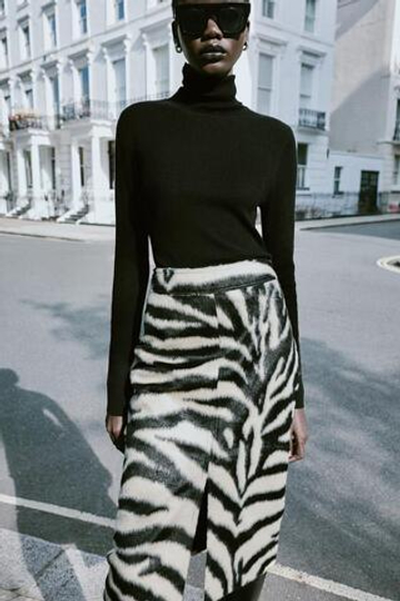 ZARA ЮБКА МИДИ ИЗ ИСКУССТВЕННОГО МЕХА, ЧЕРНЫЙ/БЕЛЫЙ