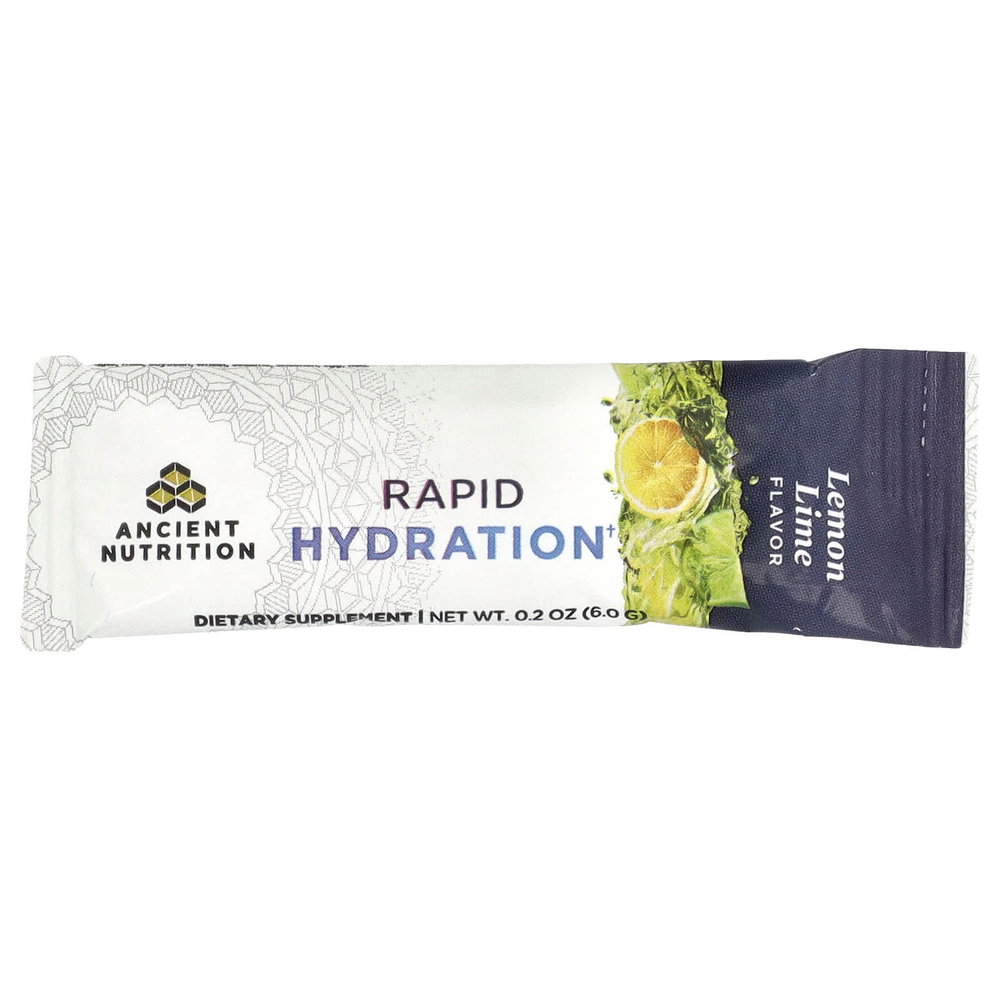 Ancient Nutrition, Rapid Hydration, лимон и лайм, 15 упаковок в виде стиков, по 6 г (0,2 унции)