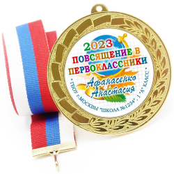 Медаль именная 70 мм "Посвящение в первоклассники". Металл Арт. 4631 Медаль и лента розовая