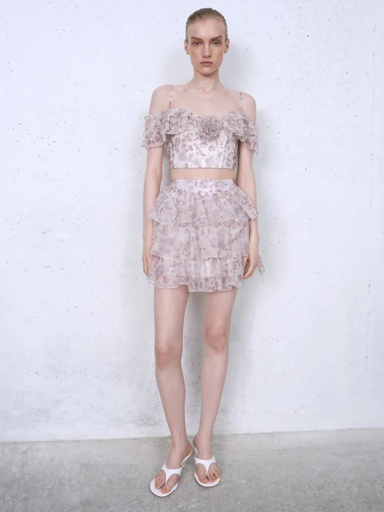 Бетти мини (Betty mini), юбка мини из молочной органзы с цветочным принтом
