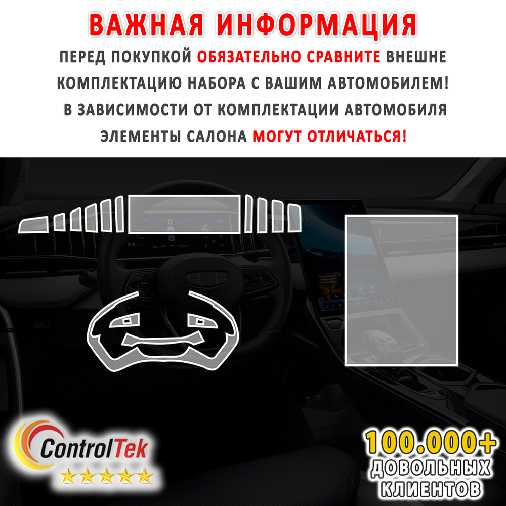 Geely Atlas (2023) - комплект защитных пленок 3 в 1. Пленка защитная ControlTek HYBRID со слоем TOP COAT. Толщина: 6 mil. (175 мкм.)