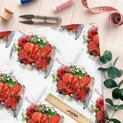 Ткань дюспо красные букеты на белом фоне