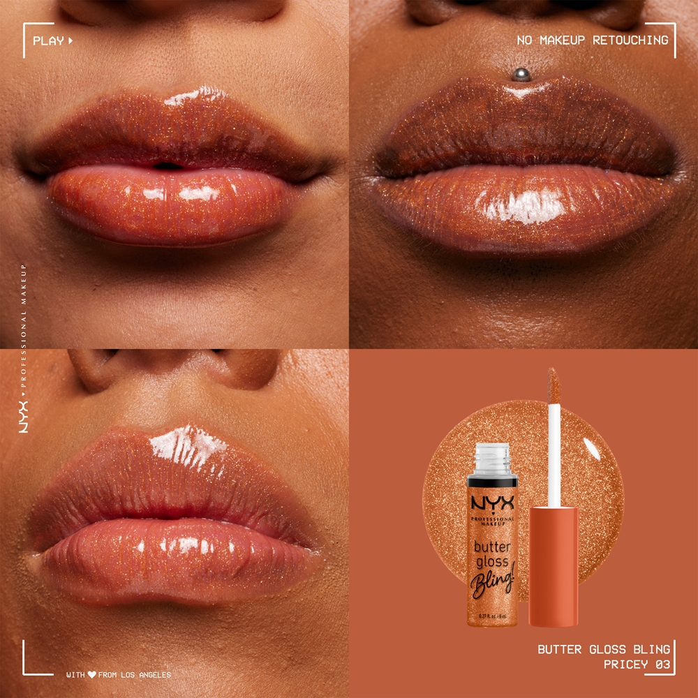 NYX Professional Makeup Butter Gloss Bling - Блеск для губ с блестящими частицами оттенок 03 Pricey, 8 ml