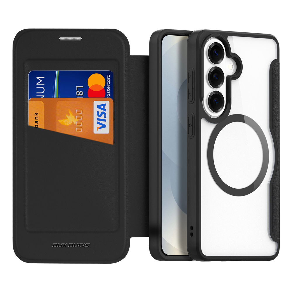 Чехол книжка черного цвета с поддержкой MagSafe для Samsung Galaxy S26, серия Skin X Pro Series от Dux Ducis