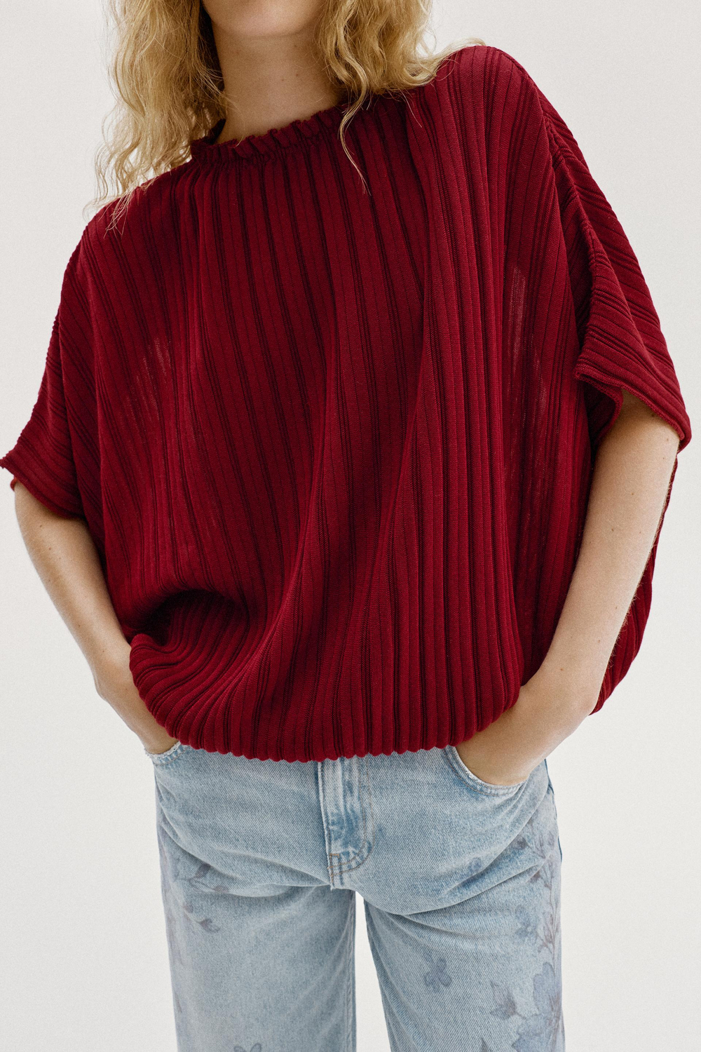 ZARA ШИРОКИЙ ТОП ИЗ ТРИКОТАЖА В РУБЧИК, ТЕМНО-РОЗОВЫЙ