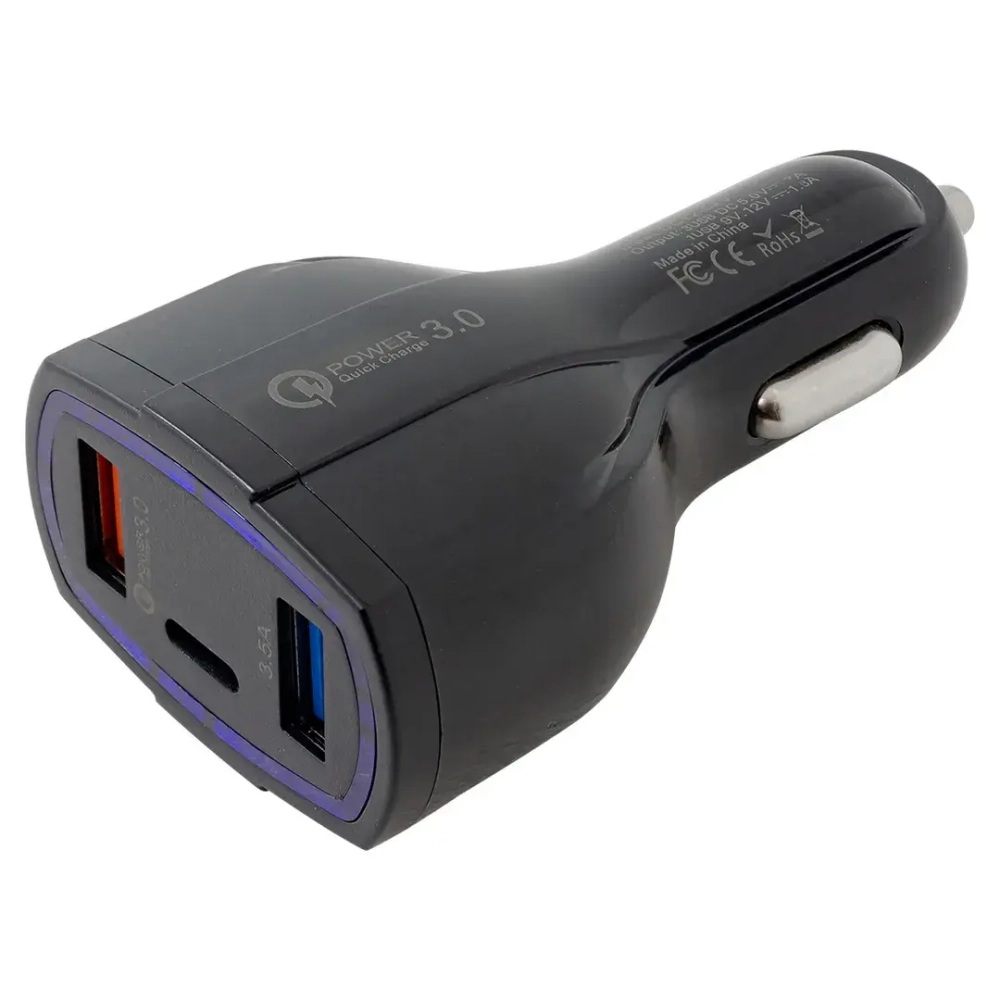 Автомобильное зарядное устройство FY-206 (12V-24V, USB 2/TYPE-C:5V-Max 2.4A, QC3.0: 5V/3A,9V/2A,12V/1.5A) KING FY-206