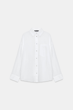 ZARA РУБАШКА ОВЕРСАЙЗ ИЗ ГАЗА С КАРМАНОМ, БЕЛЫЙ