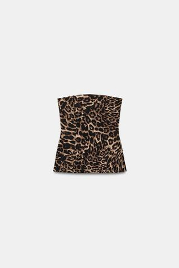 ZARA ЭЛАСТИЧНЫЙ ТОП БЕЗ БРЕТЕЛЕЙ С РАЗРЕЗАМИ, ЛЕОПАРДОВЫЙ
