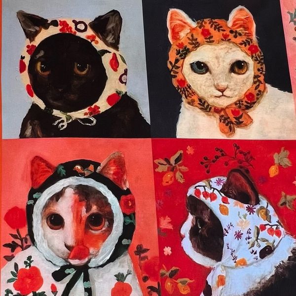 Купон, 4 ряда КОШКИ В ПЛАТОЧКАХ, АКВАРЕЛЬ, 100% хлопок 2