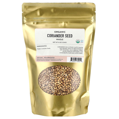 Pure Indian Foods, органические семена кориандра, цельные, 226 г (8 унций)