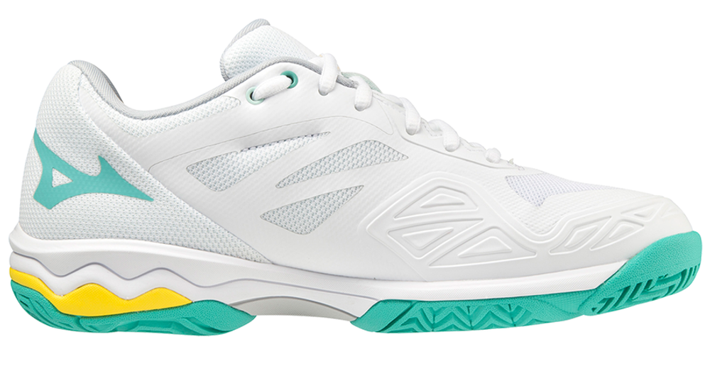 Женские Кроссовки теннисные Mizuno Wave Exceed Light AC - white/turquoise/high visibility yellow