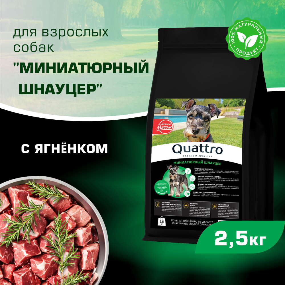 Корм сухой для взрослых собак породы Миниатюрный Шнауцер, с ягненком, 2,5 кг, QUATTRO