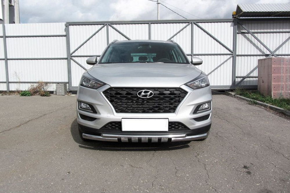 Защита переднего бампера (нержавейка) Hyundai Tucson Turbo (2018-2021) d57+d42 с декор элем (черный)