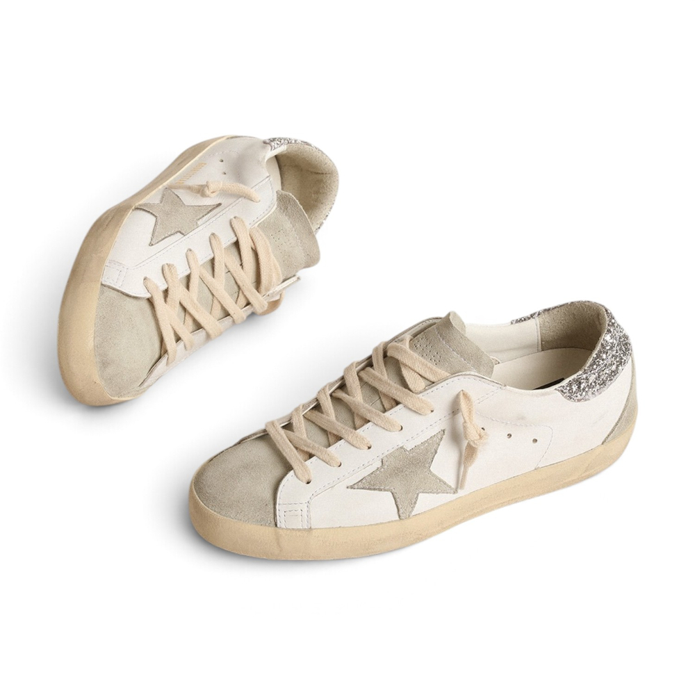 Women’s Super-Star with gray star and silver glitter heel tab
