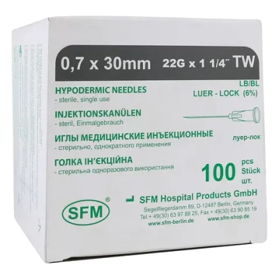 Игла инъекционная SFM 0,7х30 мм 22G 100 шт