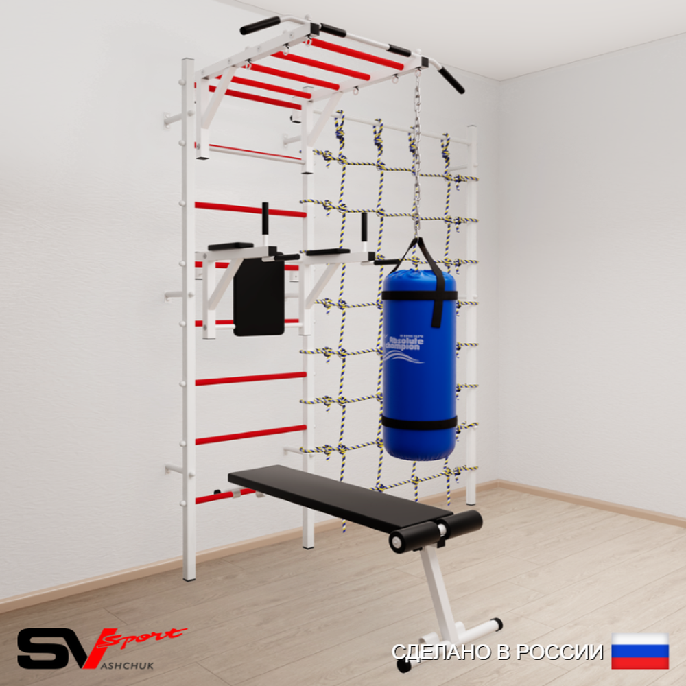 Шведская стенка Sv Sport усиленная 62410 (Турник рукоход/Брусья/Скамья/Цепь/Мешок 15кг/Канатный лаз)