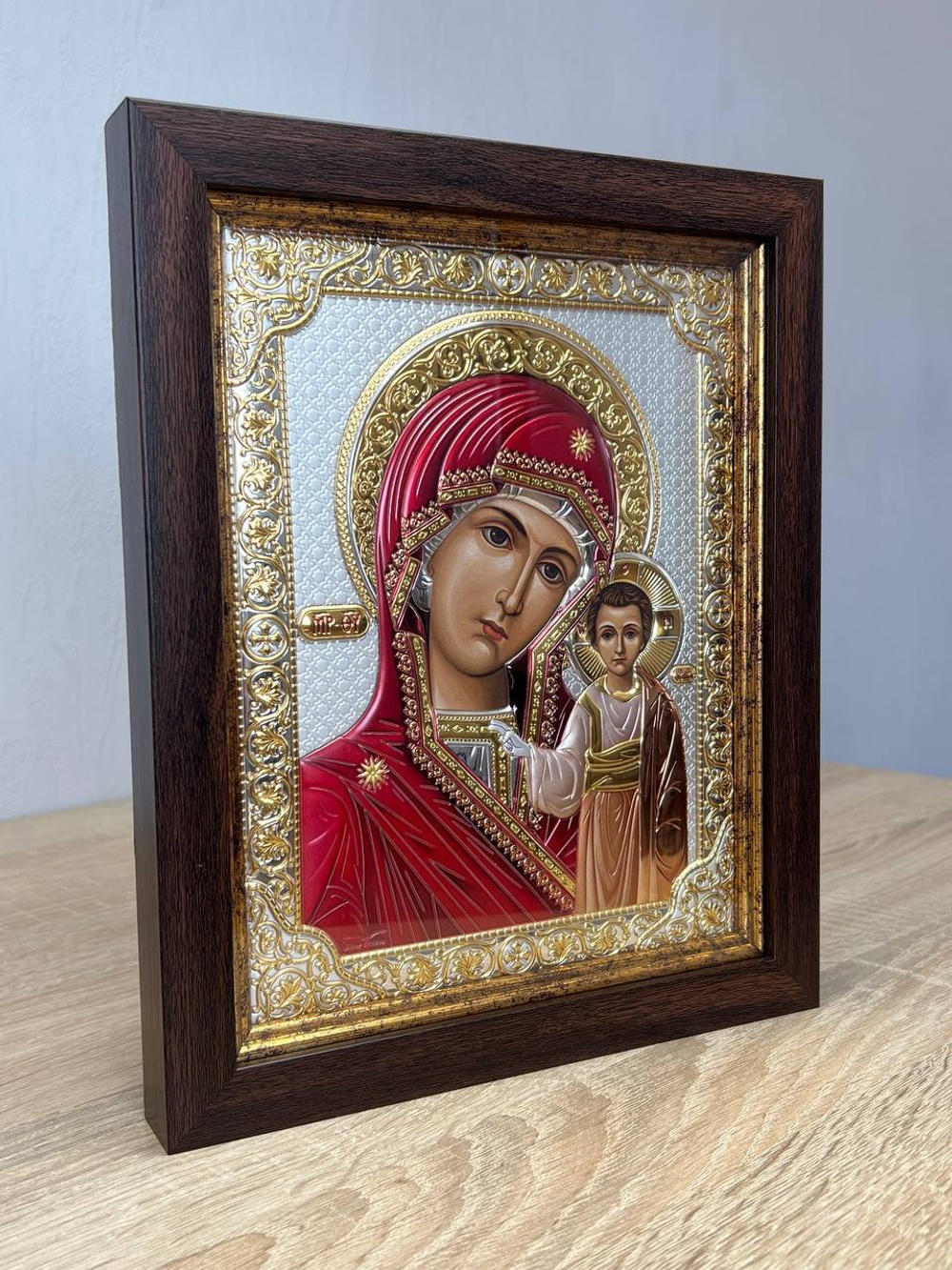 Казанская БМ, икона прямоугольная в рамке под стеклом, красный киот, эмаль 232х280