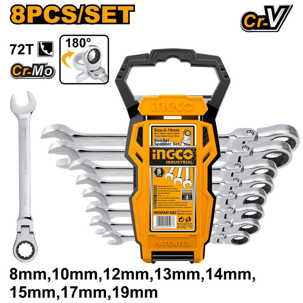 Набор комбинированных гаечных ключей с трещоткой INGCO HKSPAR1083 INDUSTRIAL 8-19 мм 8 шт. Набор комбинированных гаечных ключей с трещоткой INGCO HKSPAR1083 INDUSTRIAL 8-19 мм 8 шт.