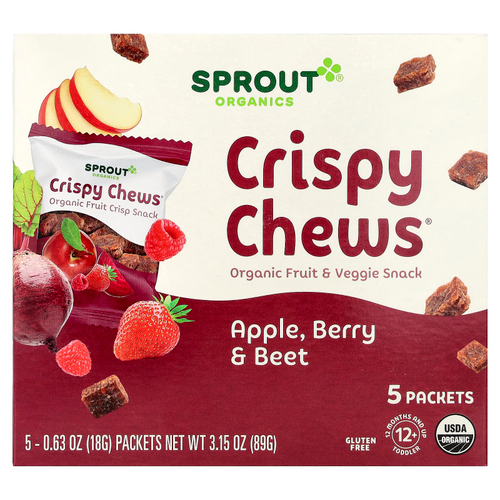 Sprout Organics, Crispy Chews®, органический снек из фруктов и овощей, для детей от 12 месяцев, яблоко, ягоды и свекла, 5 пакетиков по 18 г (0,63 унции)