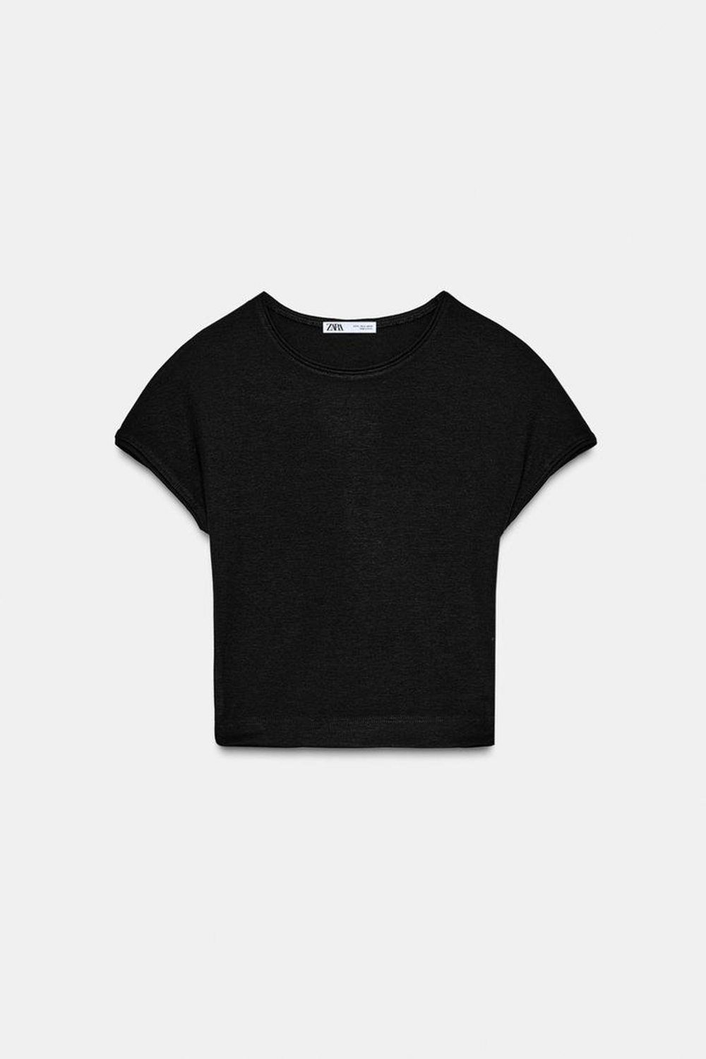 ZARA УКОРОЧЕННАЯ ФУТБОЛКА С КОРОТКИМИ РУКАВАМИ, ЧЕРНЫЙ