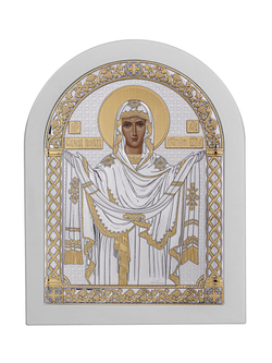 Икона Покрова Божией Матери (175х225 мм, Оклад из белого дерева (бук/граб)) — шелкография на сусальном золоте