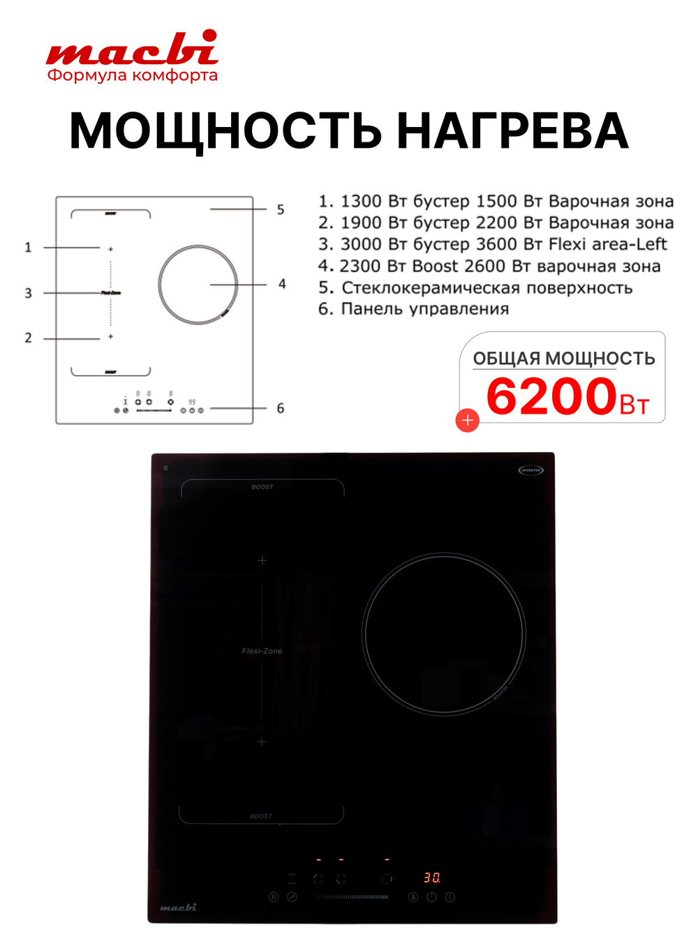 Индукционная варочная панель 3 конфорки, непрерывный нагрев, инвертор, Расширенная зона нагрева, Booster, черная, 6200Вт, MACBI