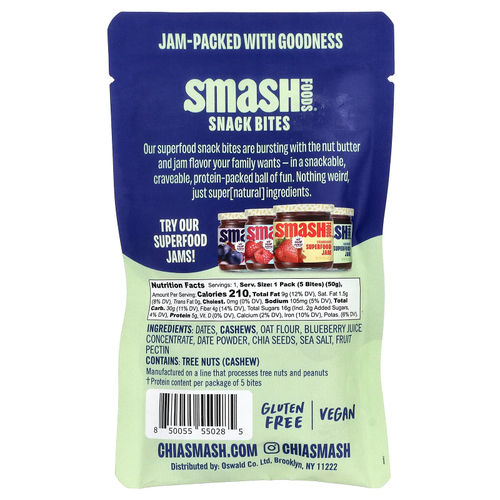 Smash Foods, Snack Bites, масло из кешью и голубический джем, 5 шт., 50 г (1,8 унции)