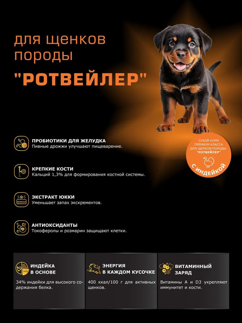 Корм сухой для щенков породы Ротвейлер, с индейкой, 12 кг, QUATTRO
