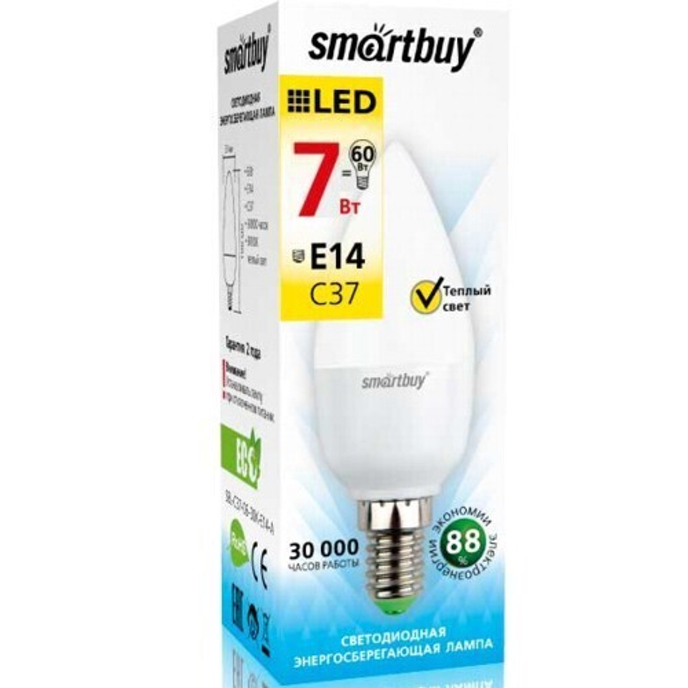 Светодиодная лампа Smartbuy C37-7W/3000 E14 теплый свет