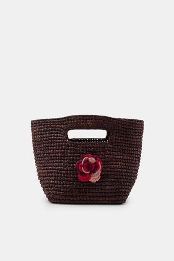 ZARA МИНИ-СУМКА ИЗ РАФИИ С ЦВЕТКОМ КРЮЧКОМ, КОРИЧНЕВЫЙ