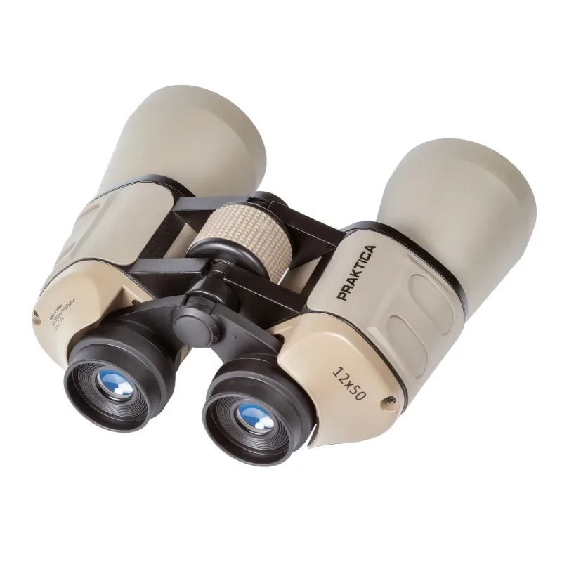 Бинокль Praktica Falcon 12x50 Sand - угол сверху, видны линзы окуляра, бежевый корпус
