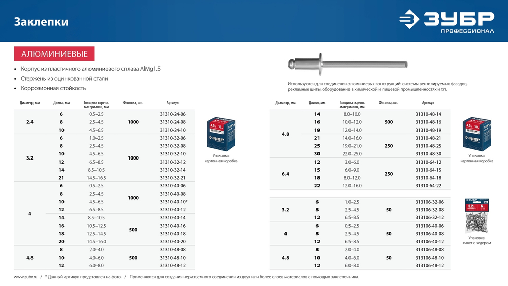 ЗУБР 4.8 x 12 мм, 50 шт, алюминиевые заклепки, Профессионал (313106-48-12)
