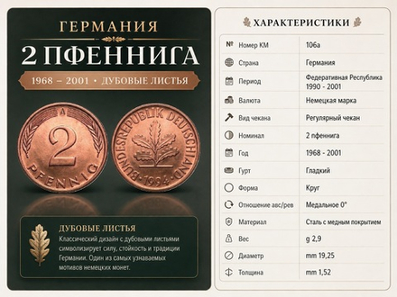 Германия - ФРГ 2 пфеннига, 1994 A Дубовый лист XF