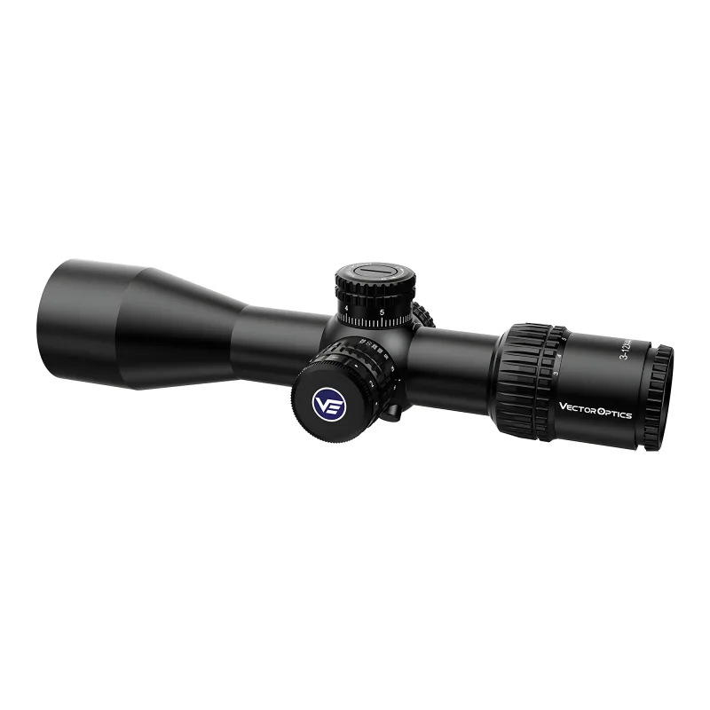 Прицел Vector Optics Veyron 3-12x44 IR, SF, MPR-V10 (MIL) - вид сбоку в три четверти, логотип на крышке