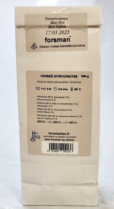 Чай зеленый FORSMAN TEA Vihre Sitruuna с лимоном 100 г (из Финляндии)