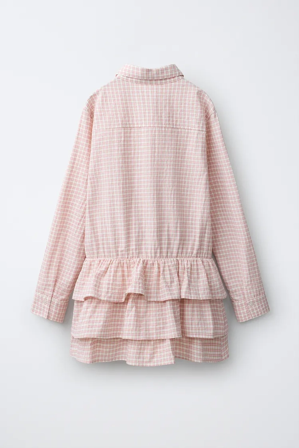 ZARA ПЛАТЬЕ-РУБАШКА В КЛЕТКУ С ОБОРКАМИ, РОЗОВЫЙ