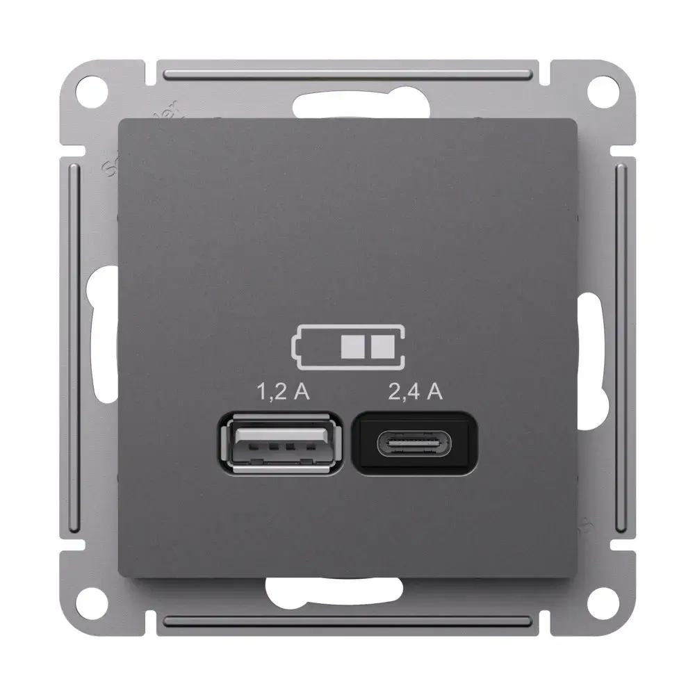 ATLASDESIGN USB РОЗЕТКА А+С, 5В/2,4А, 2х5В/1,2А, механизм, БАЗАЛЬТ