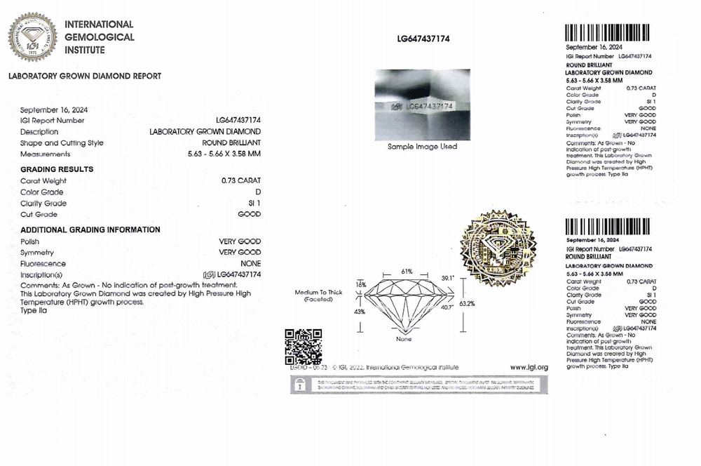 Лабораторно-выращенный бриллиант Кр-57 5.63-5.66 мм D/SI1 0.73 ct