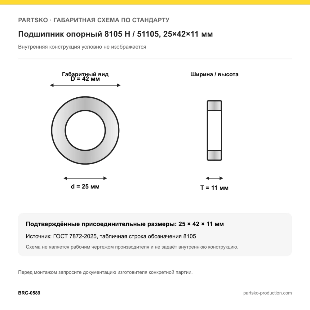 Габаритная схема Подшипник опорный 8105 Н / 51105, 25×42×11 мм, APP-GROUP: 25×42×11 мм по ГОСТ 7872-2025