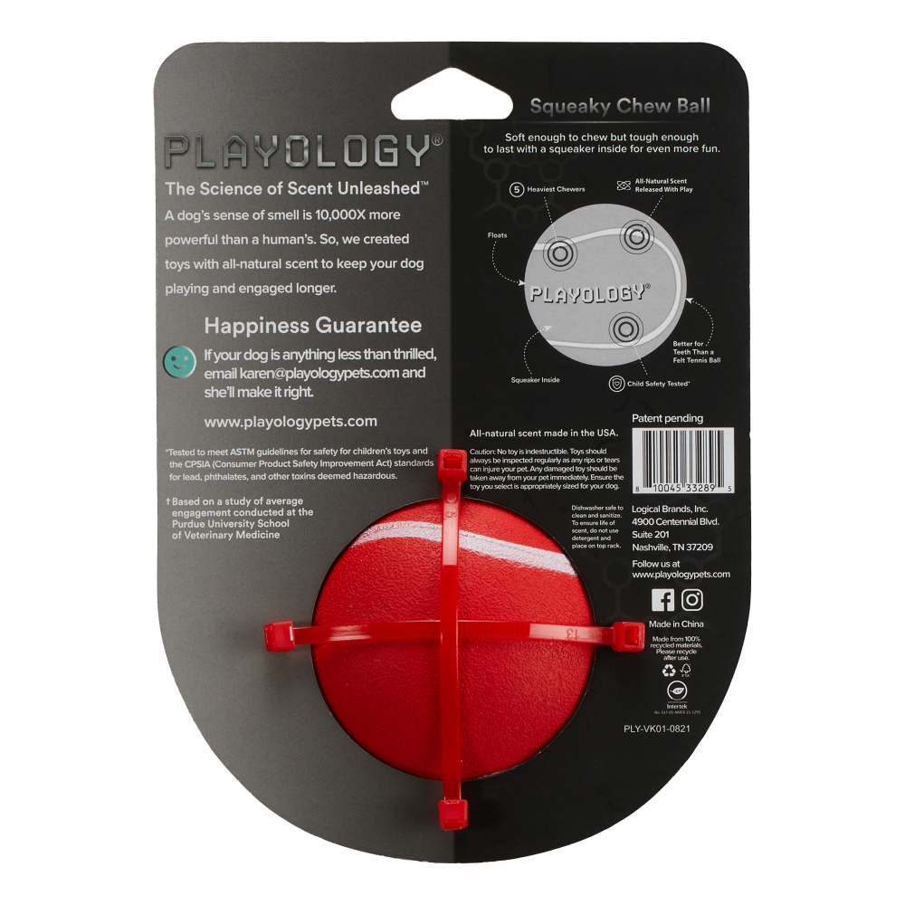 Playology жевательный мяч SQUEAKY CHEW BALL 8 см для собак средних и крупных пород с пищалкой и с ароматом говядины, цвет красный