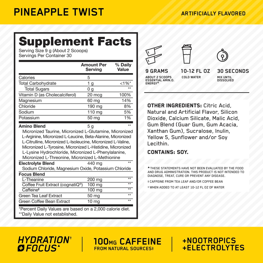 Optimum Nutrition, ESSENTIAL AMIN.O. ENERGY + ELECTROLYTES, ананасовый твист, 285 г (10,05 унции)