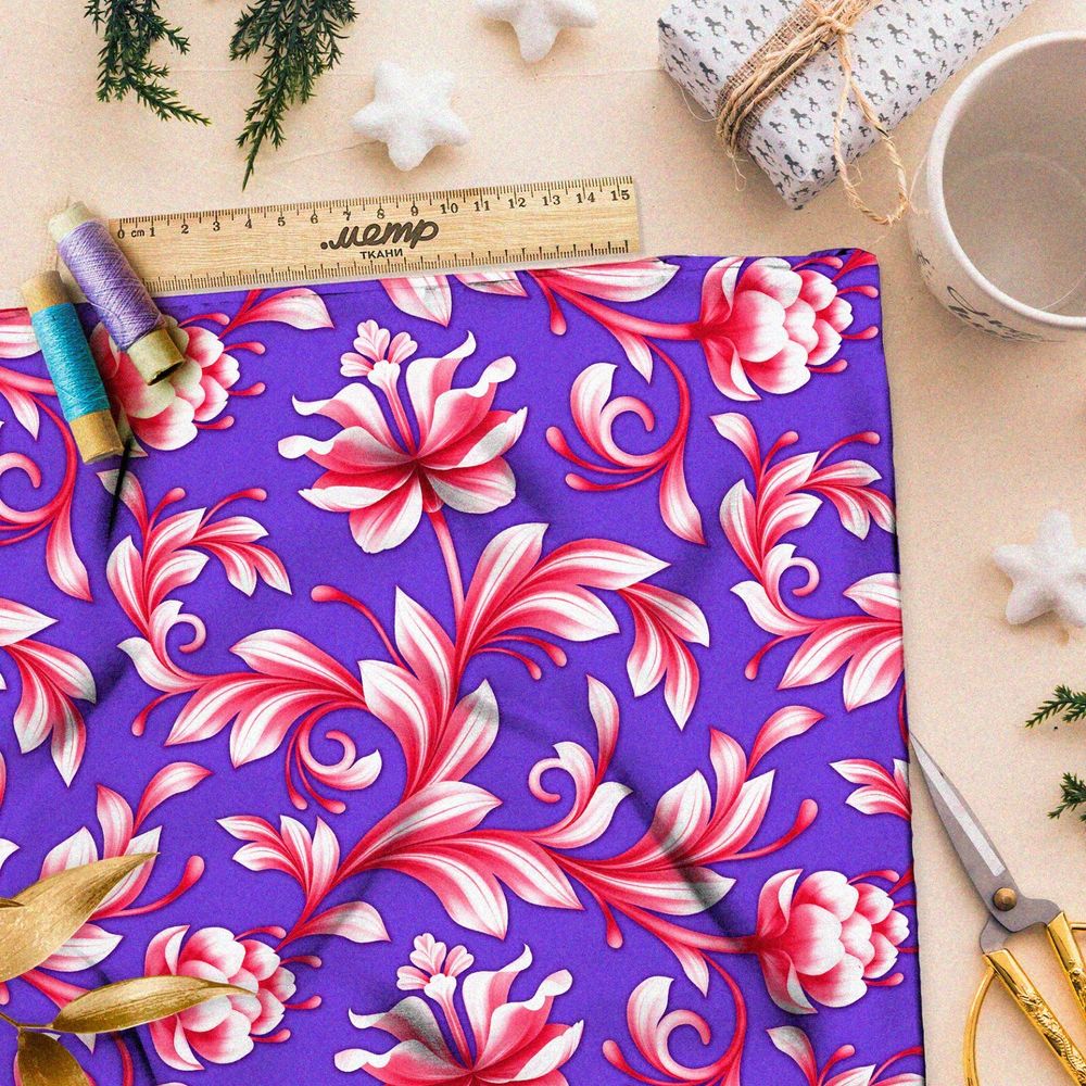 Ткань мембрана розовая королевский узор на фиолетовом фоне