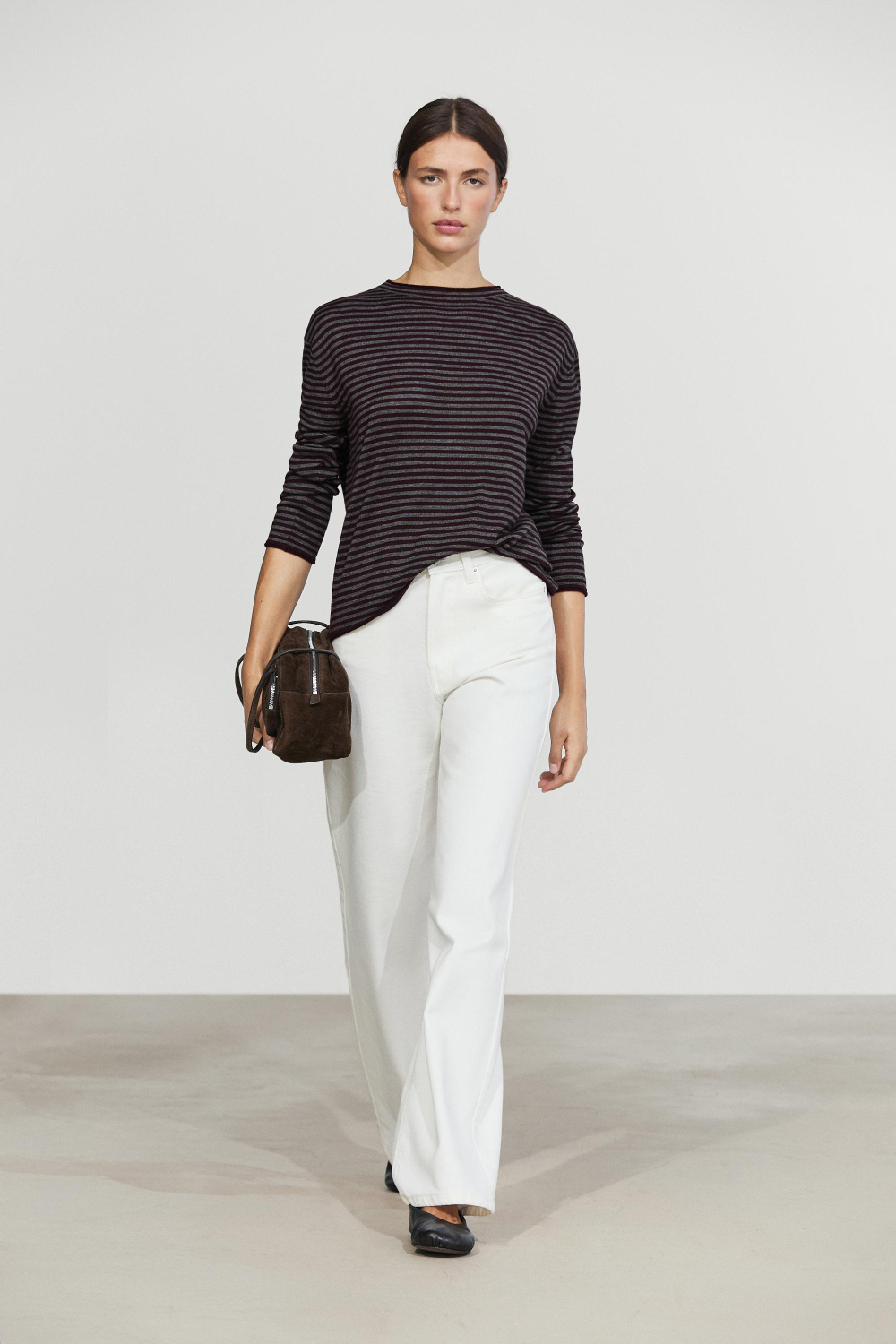 Massimo Dutti Трикотажный свитер с воротником-стойкой в полоску, кротово-коричневый