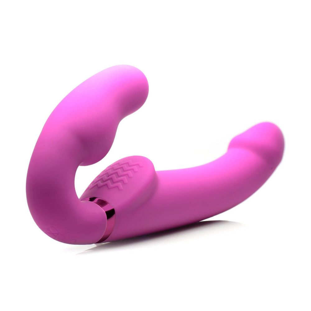 Розовый безремневой страпон с вибрацией и функцией расширения Inflatable Ergo-Fit Strapless Strap-On (Цвет: лиловый)