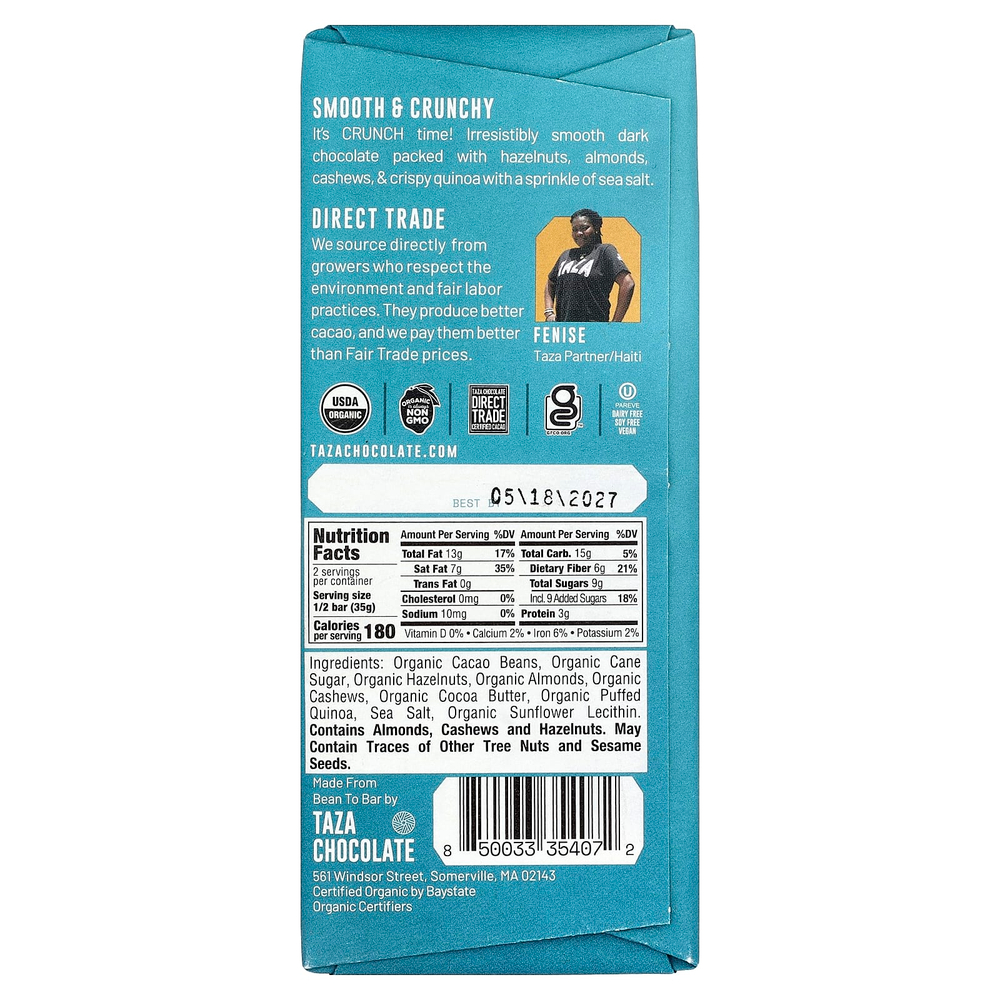 Taza Chocolate, 70% темный шоколад, хрустящая тройная ореховая добавка, 70 г (2,5 унции)