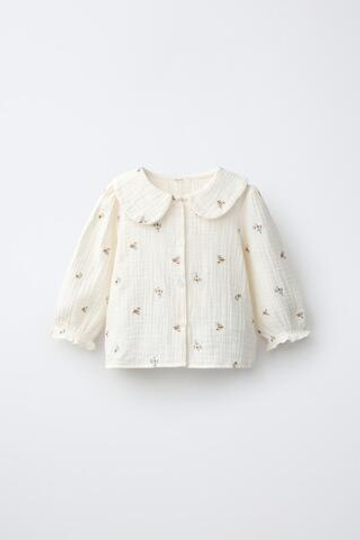 ZARA РУБАШКА С ФАКТУРНОЙ ВЫШИВКОЙ ЦВЕТЫ, ЭКРЮ