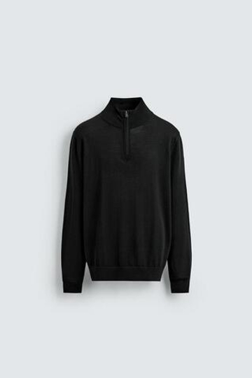 ZARA ШЕРСТЯНОЙ СВИТЕР С ВОРОТНИКОМ НА МОЛНИИ, ЧЕРНЫЙ