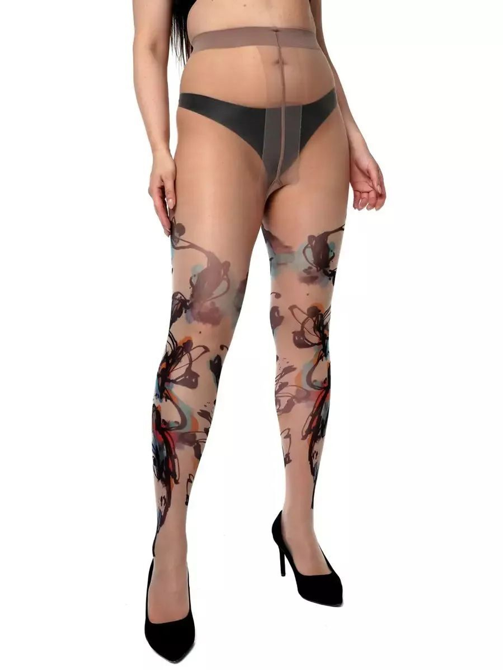 Колготки +size с принтом в виде рисунка акварелью (Размер: XL-XXL-XXXL) (Цвет: бежевый)